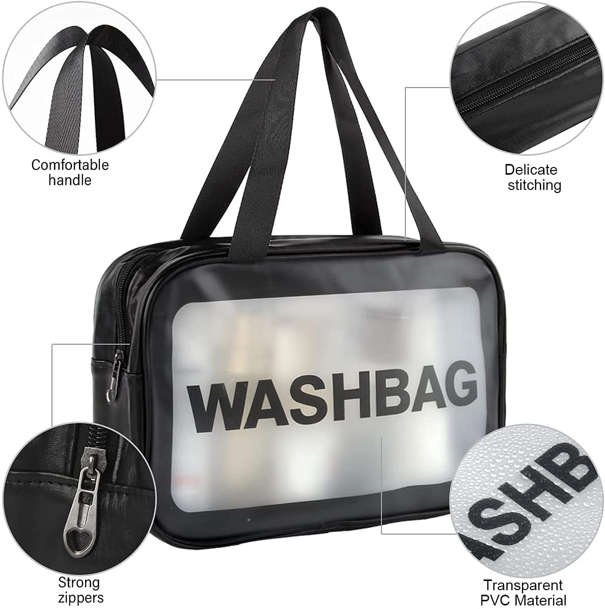 deevudi Clear Toiletry Bag, Wash Make Up Bag PVC Waterproof Zippered Cosmetic Bag, Portable Carry Pouch for Women Men (Set of 3 Bag Black)